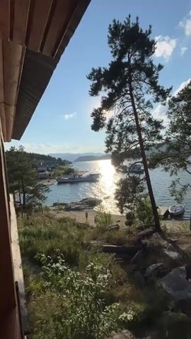 The video shows a scenic view of a lake on a sunny day. In the foreground, there is a wooden structure partially visible on the left, suggesting a balcony or deck. The landscape is characterized by rocky terrain with sparse vegetation, including grasses and small bushes. Several pine trees are prominent in the scene, with one leaning significantly towards the right, casting a shadow. In the middle ground, a body of water, presumably a lake, stretches out with sunlight glinting on its surface. Several boats are docked or moored on the shore, including a larger vessel with a cabin and a smaller white boat. A few small figures can be seen on the shore near the water, possibly people walking or enjoying the beach area. In the background, a distant shoreline is visible with a line of trees and hills forming a mountainous backdrop under a clear blue sky with scattered white clouds. The overall atmosphere is peaceful and natural.