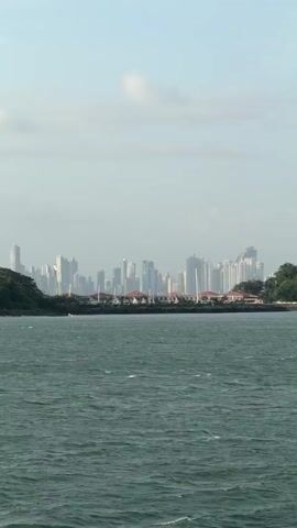 A wide shot captures a distant cityscape of skyscrapers on the horizon, partially obscured by a hazy sky. In the foreground, a body of water with moderate waves moves across the frame. The water is a deep green color, and there are small whitecaps visible. A strip of land with trees separates the water from the city. The overall impression is one of a bustling urban center viewed from a distance, with the natural environment of the water and trees providing a buffer. The sky is overcast with a few faint clouds. The perspective suggests the viewer is on a boat or a vessel approaching the shore. The image is static, offering no indication of movement beyond the natural motion of the water.