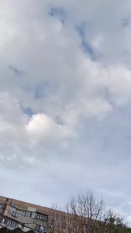 The video begins with a close-up view of a cloudy sky. As the camera pans downwards, the top branches of a leafless tree become visible, followed by a portion of a building. Further down, the view expands to show multiple apartment buildings and utility poles with numerous wires crisscrossing the sky. The camera continues to move, revealing more of the cityscape, including the tops of buildings and more overhead wires. The video ends with a shot of a utility pole and the sky with scattered clouds and wires.