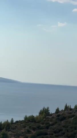 A panoramic view of a body of water, likely the sea, is captured. The water is calm and blue, meeting the horizon. In the foreground, a hillside is covered with dense, dark green vegetation. Scattered among the trees are rocky outcrops. The sky is a light blue with sparse, wispy white clouds. The scene is bathed in natural light, suggesting it's daytime. There are no people or animals visible. The camera slowly pans to the right, revealing more of the coastline and a distant mountainous landmass on the horizon.