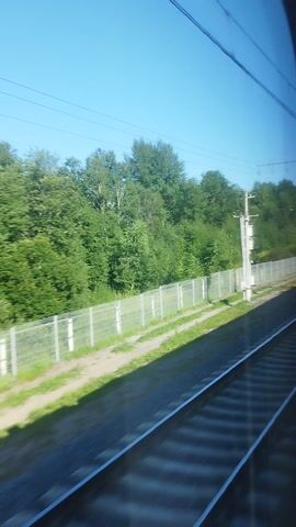 This media file captures a dynamic perspective of a train journey, likely taken from within a passenger car. The scene unfolds alongside a railway track, with lush green trees forming a dense backdrop to the right of the frame. A clear blue sky dominates the upper portion of the image, suggesting fair weather during daylight hours.

Prominently featured are elements of the railway infrastructure, including a tall, grey pole supporting overhead electrical wires, a common sight along electrified train lines. Another white structure, possibly a signal or another piece of support equipment, is also visible. A fence, composed of metal posts and horizontal bars, runs parallel to the track, separating the railway from the adjacent natural landscape. The ground beside the track appears to be a mixture of dirt and grass.

The camera's perspective is angled, indicating movement, and the image is slightly tilted, further emphasizing the sense of motion. The scene is devoid of people, focusing instead on the environment and the infrastructure of the railway. The overall impression is one of a swift passage through a verdant, semi-rural setting. The time of day is clearly indicated as daytime by the bright sky and the quality of the light. No discernible text is present within the frame. The context provided suggests this footage was captured near Pashino, Russia, a location known for its railway infrastructure.