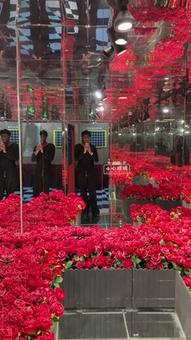 The video shows a person standing in a room filled with red roses. The room appears to be a mirrored room, with reflections of the person and the roses visible from all angles. The person is wearing dark clothing and holding a phone, seemingly taking a selfie. The floor is also reflective, creating an illusion of infinite space. The walls are covered in mirrors, and the ceiling has multiple spotlights. The red roses are arranged in planters, creating a dense floral display. There are also some Chinese characters visible on a sign in the background. The overall impression is a visually striking and immersive environment.