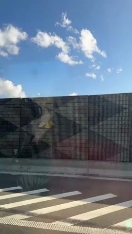 The video shows a view from inside a vehicle, likely a bus, traveling alongside a noise barrier on a sunny day. The noise barrier is constructed with dark rectangular panels arranged in a geometric pattern of triangles. A large, faded image of a person's face is superimposed onto the barrier. The sky is blue with scattered white clouds. In the foreground, a portion of the vehicle's interior is visible, including green painted panels and a reflection of the outside environment in a window. The road surface with white markings is also visible. The camera appears to be looking out the side window of the vehicle.