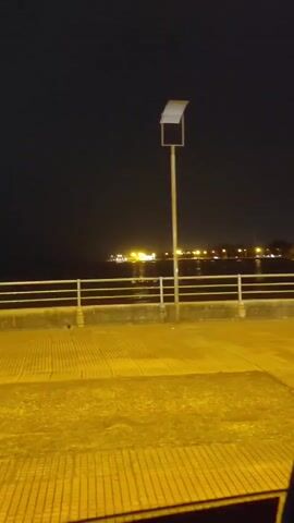 The video shows a static shot of a street lamp with a solar panel at night. The lamp is positioned on a paved area, possibly a promenade or boardwalk, which is illuminated by the lamp itself, casting a yellowish glow. Beyond the paved area is a railing, and further still is a body of water, likely a sea or a large lake. On the opposite side of the water, distant lights of a town or city are visible, reflecting on the water's surface. The sky is dark, indicating it is nighttime. There are no people or discernible activity in the video.