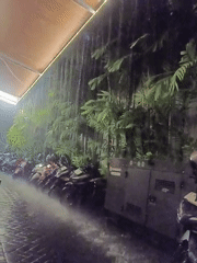 Rain soaks motorcycle parking area during afternoon storm