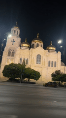 Illuminated cathedral captured in nighttime views in Varna, Bulgaria