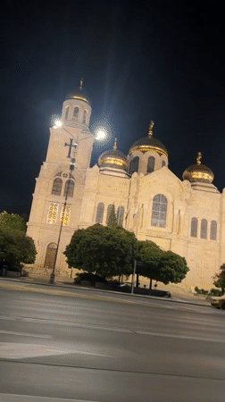 Illuminated cathedral captured in nighttime views in Varna, Bulgaria
