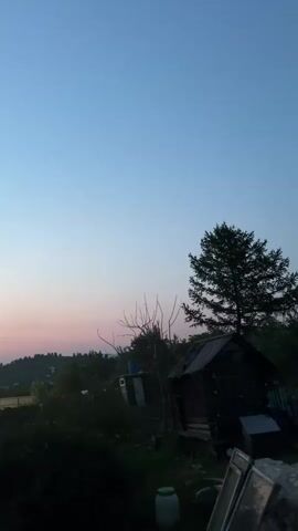 The video shows a rural landscape at dusk. A small, dark wooden structure, possibly a shed or cabin, sits on a slight incline. To the left of this structure is a tall evergreen tree. In the background, a hill with some scattered buildings can be seen. The sky is a clear gradient of blue to a pale pinkish hue, indicating the end of daylight. The foreground is dominated by dark foliage and some discarded objects, including what appears to be window frames. The overall impression is of a quiet, secluded outdoor setting.