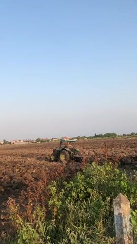 A green tractor is plowing a field under a clear blue sky. The field is mostly bare soil, with some dry grass and green bushes in the foreground. In the distance, there are houses and trees. The tractor is moving from left to right.