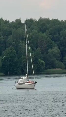 A white sailboat is anchored in a body of water, with a dense green forest in the background. The sky is overcast with some light pink clouds. The water is calm with gentle ripples. The sailboat has a white hull and a single mast with rigging. The forest appears to be made up of deciduous trees. The lighting suggests it is late afternoon or early evening.