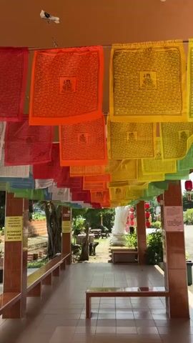 The video shows an overhead view of prayer flags hanging in a covered walkway. The flags are arranged in a rainbow of colors, from red and orange to yellow and green, and appear to be made of fabric. They are strung across the walkway and cascade downwards in rows. Below the flags, there are wooden benches lining the walls of the walkway. The walkway has tiled flooring and is flanked by tiled walls. In the background, there is a glimpse of an outdoor area with trees, a stone structure, and a white statue. There are also red lanterns visible in the distance. The lighting suggests it is daytime.