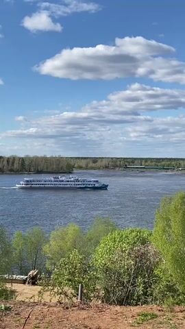 The video captures a scenic view of a wide river under a partly cloudy sky. A large, multi-decked cruise ship is moving along the river, leaving a slight wake. The riverbanks are lined with dense trees, and a bridge is visible in the distance. The foreground shows a small patch of ground with some low-lying bushes and a makeshift wooden structure, suggesting a viewpoint or observation area. The overall lighting suggests a bright, sunny day. The shot is static, providing a stable view of the scene.