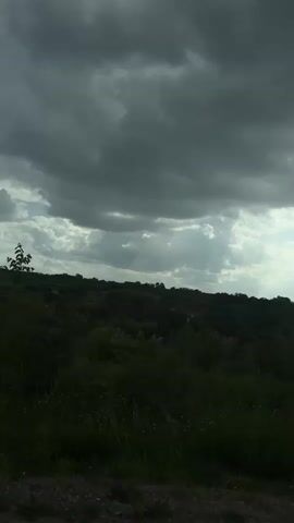 The video shows a landscape on a cloudy day. The sky is filled with dark, heavy clouds, but there are some breaks in the cloud cover where sunlight is shining through. The landscape consists of a field with some trees and vegetation. There is also a road or path visible in the foreground. The camera appears to be moving, possibly from a vehicle.