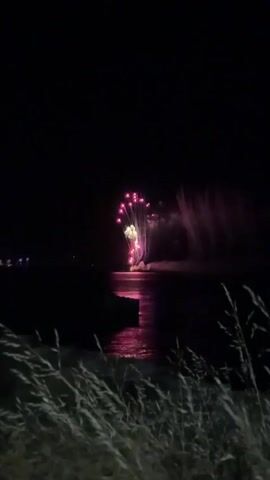 The video shows a nighttime scene with fireworks exploding over water. The fireworks are primarily pink and yellow, with some white streaks. They are reflected in the dark water below. In the foreground, out-of-focus grass is visible against a dark background. There are no people or specific objects clearly identifiable. The environment appears to be a body of water, possibly the sea or a large lake, with a dark shoreline.