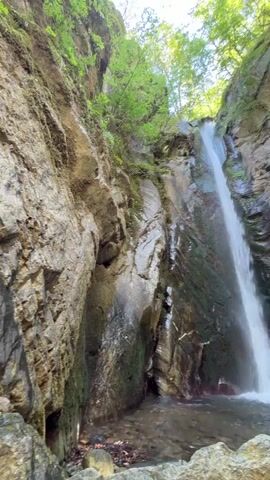 A narrow waterfall cascades down a moss-covered rock face surrounded by lush green trees and a clear stream. The water is a blurry white as it plunges into the pool below. The scene is serene and tranquil, with the sound of the falling water creating a peaceful atmosphere.