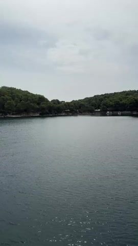 The video opens with a wide shot of a tranquil body of water, likely a sea or a large lake. The water is a deep blue-gray, with gentle ripples on the surface. In the background, a lush, green, tree-covered hillside slopes down to the water's edge. The trees are dense, forming a solid wall of green. Along the coastline, there are hints of human habitation, with a few small buildings or structures visible nestled amongst the trees, and some boats moored in the water. The sky above is overcast with a pale, diffused light, suggesting a cloudy or slightly hazy day.

The camera then pans slowly to the right, revealing a portion of a boat in the foreground. This boat appears to be a passenger vessel, with a metal railing running along its side. The railing is made of polished metal tubes. Beyond the railing, there are glimpses of seating areas on the boat, with blue upholstery visible. A black bag is also seen resting on one of the seats. The boat seems to be moving, as indicated by the slight blurring of the water's surface and the way the coastline drifts by. The overall impression is one of a scenic boat trip through a calm, natural landscape.