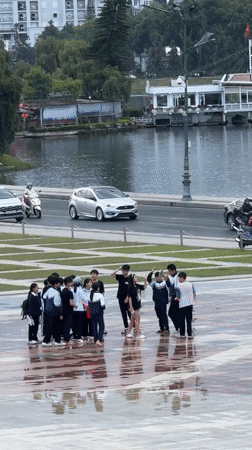 People gather in public square in Da Lat, Vietnam