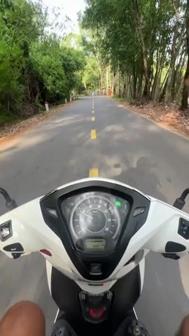 This first-person perspective video captures a motorcycle ride on a paved road in Suoi Dau, Vietnam. The road is lined with lush green trees and foliage, suggesting a natural and possibly rural setting. The time of day appears to be daytime, with ample natural light filtering through the trees. The weather seems pleasant, with no visible rain or harsh sunlight.

The primary object in focus is the motorcycle's dashboard, which displays a speedometer with a needle indicating a speed of approximately 40 km/h, and a digital odometer reading 406. A green indicator light is also illuminated on the dashboard. The rider's legs and feet are visible at the bottom of the frame, clad in dark shoes.

The road itself is marked with a continuous yellow line on the right side, suggesting a curve in the road ahead. White roadside markers with red tops are also visible along the left edge of the road, common in many countries. In the distance, the road appears to continue winding through the trees. The overall mood conveyed is one of peaceful travel and exploration through a scenic landscape. There is no visible text in the video other than what appears on the motorcycle's dashboard, which includes the brand "HONDA" and speed indicators in "km/h".