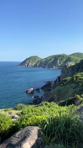 A vertical video shows a scenic view of a coastline with lush green hills and the blue ocean under a clear sky. In the foreground, there are large rocks and tall green grass. The middle ground features a rocky coastline with waves crashing against the shore. The background displays rolling green hills that meet the ocean. The sun is bright, casting light on the landscape. There are no people or animals visible in the video. The camera remains stationary throughout the short clip.