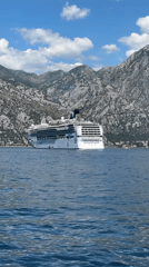 Cruise ship anchored in Montenegro bay amid mountain scenery