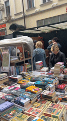 Street vendors display books, flowers, art in Moscow pedestrian area