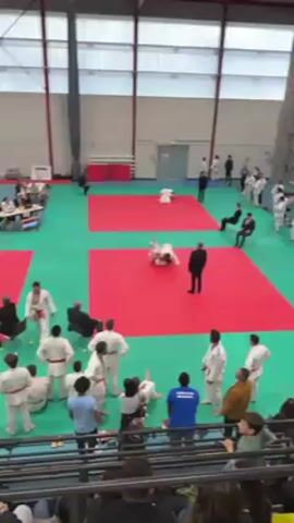 The video shows a judo competition taking place indoors.  Two judo matches are in progress on adjacent red mats, each with a referee overseeing the action. Competitors in white judogi are grappling on the mats. Outside the mats, people are watching, some sitting and others standing, including individuals in judogi and others in formal attire. The venue appears to be a gymnasium with a high ceiling and overhead lighting. The floor is green except for the competition areas, which are the red mats. The camera captures an elevated perspective, offering a view of the overall competition setup.