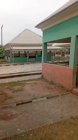 The video shows a series of gazebos, a paved walkway, and greenery. The camera moves from an open view of two gazebos, to a closer shot looking into one. Inside are wooden benches. The camera then shifts to show a line of small palm trees along a path. The sky is overcast and white. There are no people visible.