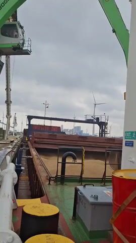 The video shows a green crane lifting a load of grain from the hold of a ship. The crane is labeled "Sennebogen E." The hold of the ship is full of grain, and there are other containers and equipment visible on the deck. In the background, there are wind turbines and a cityscape. The sky is overcast.