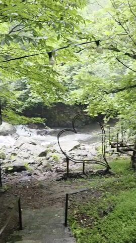 The video pans across a lush green forest setting with a flowing river visible. A wooden deck with tables and chairs is perched over the river, accessible by stairs. String lights are hung above the deck, and a decorative metal heart sculpture stands near the riverbank. The overall atmosphere is serene and natural.