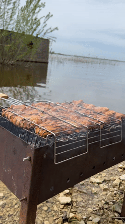 Outdoor grilling and wading observed near Russian shoreline