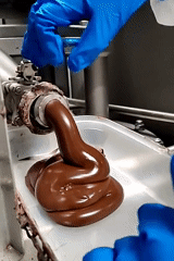 Lab worker fills container with chocolate from tube