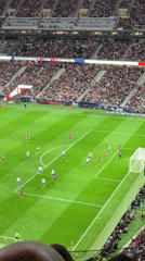 Soccer match between red and blue teams observed in Madrid stadium