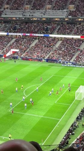 Soccer match between red and blue teams observed in Madrid stadium