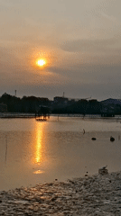 Wooden boat on muddy shoreline at golden-hour dusk, Lhokseumawe