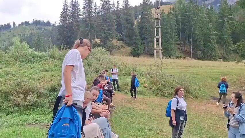The video shows a group of people, predominantly young people and some adults, in an outdoor setting near a forest and a stream. The terrain is grassy with trees in the background. Several individuals are walking, standing, or sitting. Some are wearing backpacks, suggesting an outing or activity like hiking. One young person is holding up a phone, possibly taking a picture or video. Another young person is interacting with a phone. A few people are standing near a stream, and some are crossing it using stepping stones. The atmosphere appears casual and observational.