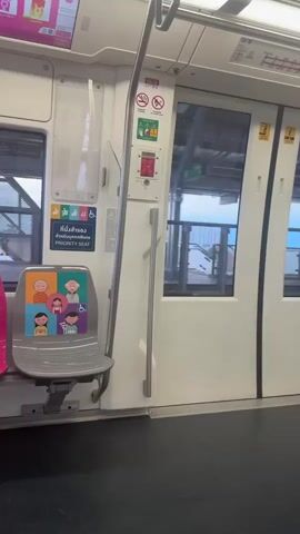 The video shows the interior of a train car. The seats are visible, with some being pink and others gray. The gray seat has a sticker depicting cartoon figures of a family, an elderly couple, and a child. Above the seats, there are advertisements displayed on a screen. A window shows a cityscape with buildings and a cloudy sky. There are also signs on the wall, including symbols for priority seating and no smoking. A red emergency button is also visible. The train appears to be in motion, as indicated by the slight blur of the exterior view.