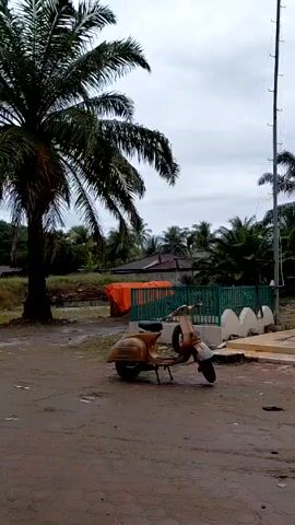 The video shows a stationary orange Vespa scooter parked on a muddy lot. A tall palm tree stands to the left. Behind the scooter is a green fenced area and an orange tarp. A building under construction stands in the background. The sky is overcast.