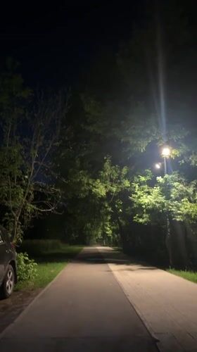 Illuminated park path captured at night in Shchyolkovo, Russia