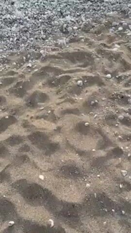 The video begins with a close-up view of a beach, showing a transition from sand to small, white pebbles. The camera then pans upwards to reveal a wider scene of the beach, the ocean, and the sky. The sun is visible through the clouds, casting a bright glow over the water. In the distance, a few people are sitting on the beach. The overall impression is of a peaceful beach scene at sunset.