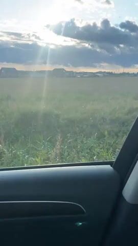 The video captures a view from inside a vehicle, looking out the passenger side window. The scene outside is a rural landscape with a field of green grass and foliage. Sunlight streams through the clouds, creating lens flare effects. In the distance, there are some buildings, possibly houses or farm structures, and what appears to be a power line or tower. The car is in motion, as suggested by the slight blur and the shifting perspective of the scenery. The interior of the car, including the door panel, is visible in the foreground.