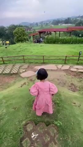 The video shows a toddler girl in a pink dress walking on a grassy hill.  She has dark hair and is wearing a blue bow. She walks slowly down a hill, her back towards the camera. The hill is composed of grass, with a decorative pathway composed of concrete blocks and stone tiles. A rustic wooden fence runs alongside the path. In the background is a green field, with a partially enclosed picnic structure.  The day appears overcast.