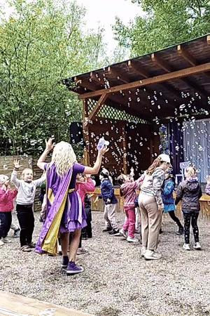 Children's outdoor performance with dancing and bubbles in Czech town