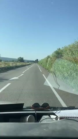 This is a first-person perspective video, likely from the dashboard of a vehicle. The camera is looking forward through the windshield at a clear, blue sky. A paved road with white lane markings stretches into the distance. On the right side of the road, there is a dense growth of tall, green grass or reeds. On the left side of the road, there is a flat field with some distant trees. The bottom of the frame shows the dashboard of the vehicle, with a pair of sunglasses resting on it and a notebook with a spiral binding. The lighting suggests it is daytime, and likely sunny.