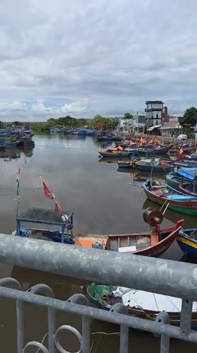 Motorcyclist crosses bridge above fishing boats in Vietnamese harbor