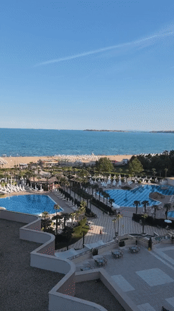 Evening at a Nesebar resort pool and hotel grounds