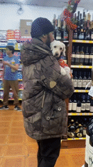 Man carries small dog through store in Wilde, Argentina