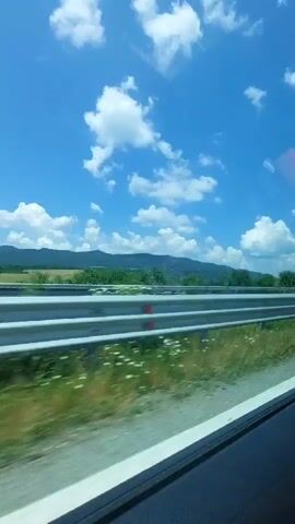 The video captures a scenic view from a vehicle traveling on a highway. The primary subject is the dynamic landscape passing by, featuring a bright blue sky dotted with fluffy white clouds. To the left, a highway barrier separates the road from a lush green embankment covered with a profusion of white wildflowers. Beyond the embankment, a line of trees and distant, rolling hills form the horizon. The time of day appears to be midday, indicated by the bright sunlight and clear sky, suggesting fair weather. The impression is one of a pleasant journey through a rural or semi-rural setting in Osikovitsa, Bulgaria. There is no visible text within the video.
