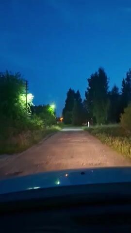 The video is filmed from the perspective of someone inside a car, looking out at a paved road at dusk or night. The sky is a deep blue. There are streetlights on the left side of the road that illuminate the surrounding trees and vegetation with a greenish glow. The road itself is lit by the car's headlights, creating a bright path forward. Trees and bushes line both sides of the road. In the distance, the road appears to curve slightly to the left. There are no people visible in the video. The overall scene depicts driving on a rural or suburban road after dark.