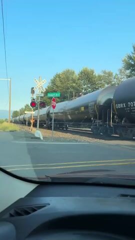 A long freight train with many dark tank cars is stopped at a railroad crossing. The train cars have white lettering, including numbers and acronyms. The railroad crossing has a white sign with a diamond shape and the words "RAILROAD CROSSING" and "2 TRACKS" on it. Below this sign are red and amber lights, all of which are illuminated red. A stop sign is also visible. The crossing is adjacent to a road, and trees and a clear blue sky are in the background. The perspective appears to be from inside a vehicle, looking through the windshield.