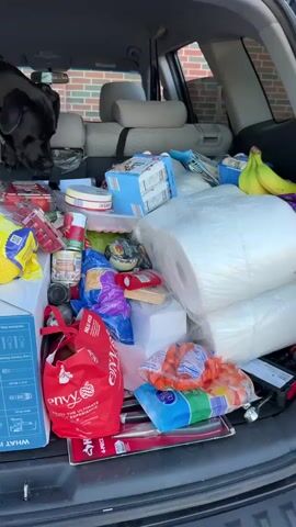 A black dog is lying on the back seat of a car, looking at the camera. The trunk of the car is filled with groceries, including water bottles, bags of lemons, cans of food, and other items. The dog's tongue is sticking out. The car is parked in front of a brick building.
